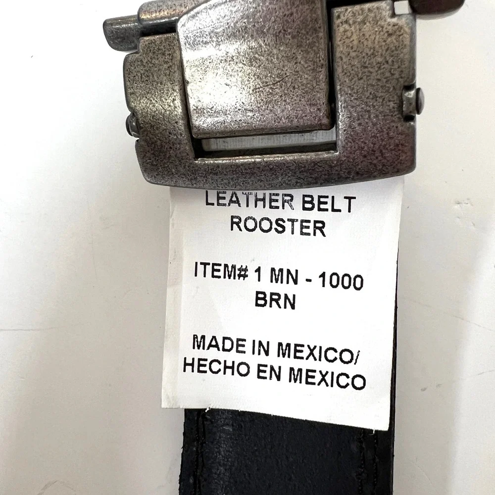 Mens Leather Belt Removable‎ Silver Buckle Rooster Brown Made in Mexico
